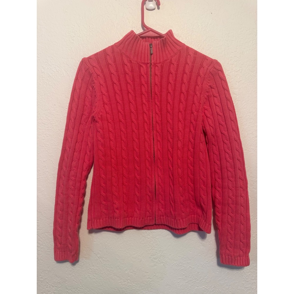 LL Bean Pink Cable Knit Full Zip Cardigan Sweater 100% Cotton XS 243978